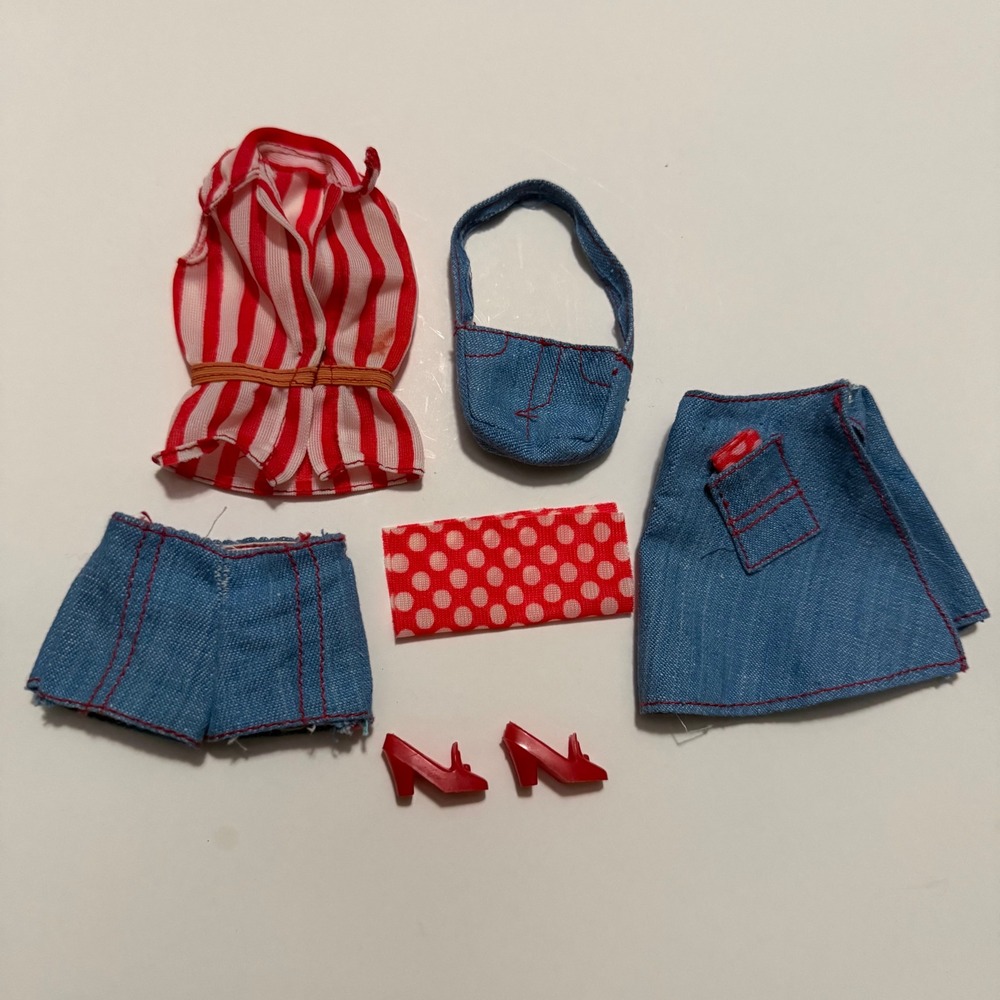 Vintage Barbie Best Buy #7823 1974 Denim Skirt Shorts Striped Top Outfit Set